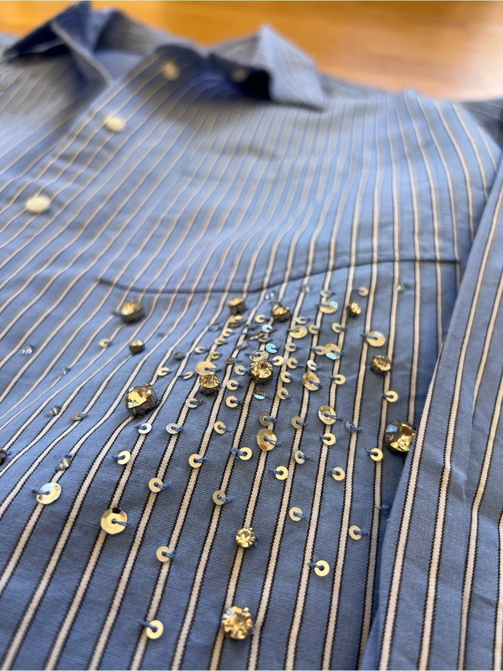 J. Crew Blue and White Pinstripe Embellished Button-Down Shirt